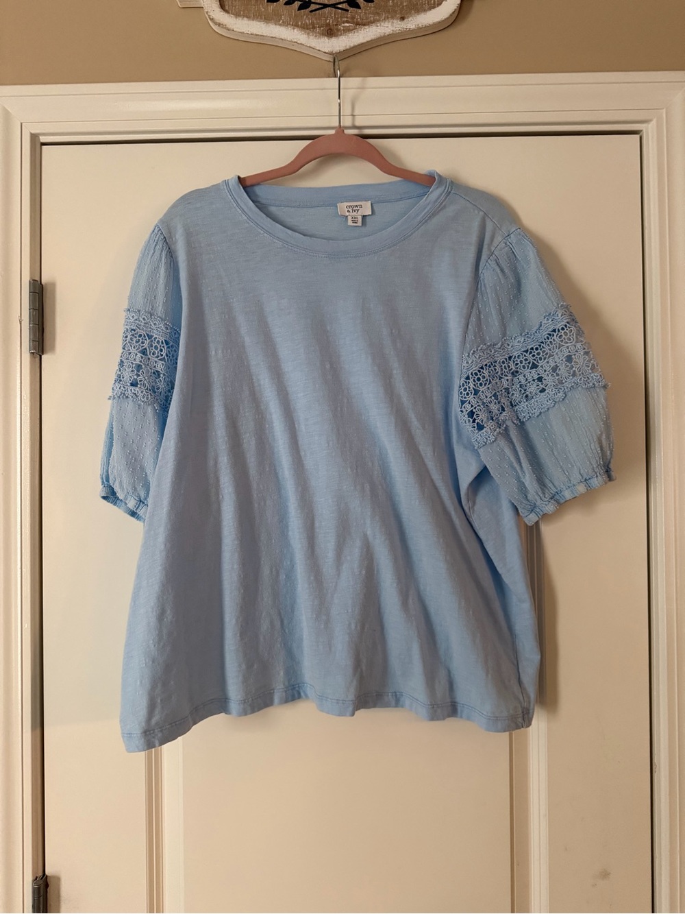 crown & ivy Light Blue Short Sleeve Top with Crochet Panels